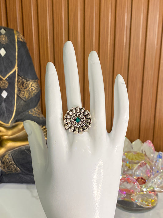 Adjustable Silver Ring with green stone