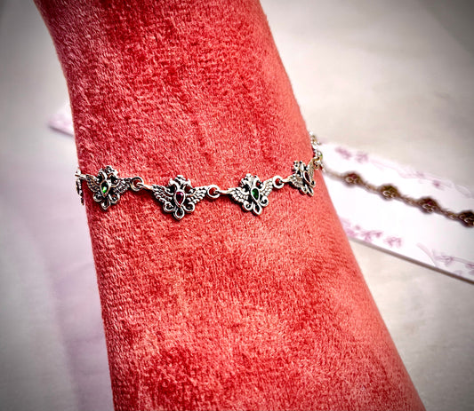 Twin Peacock (Red & Green) Silver Anklet