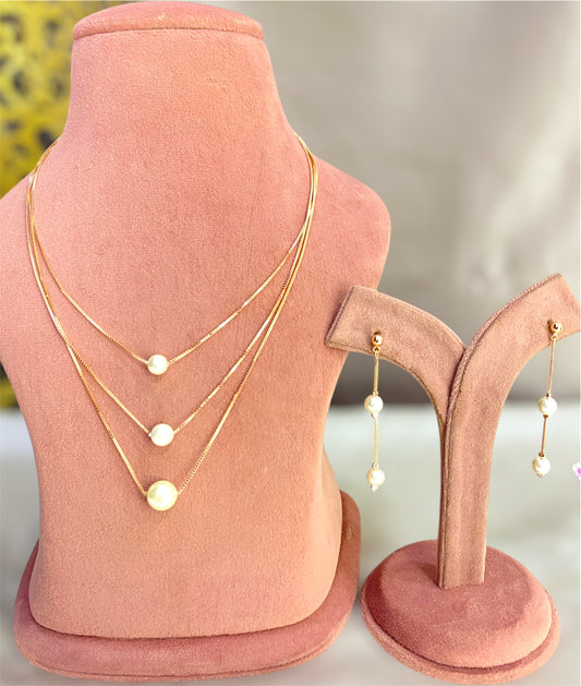 Pearl Necklace Set (3 Layer Chain and 2 Tops) Rose Gold