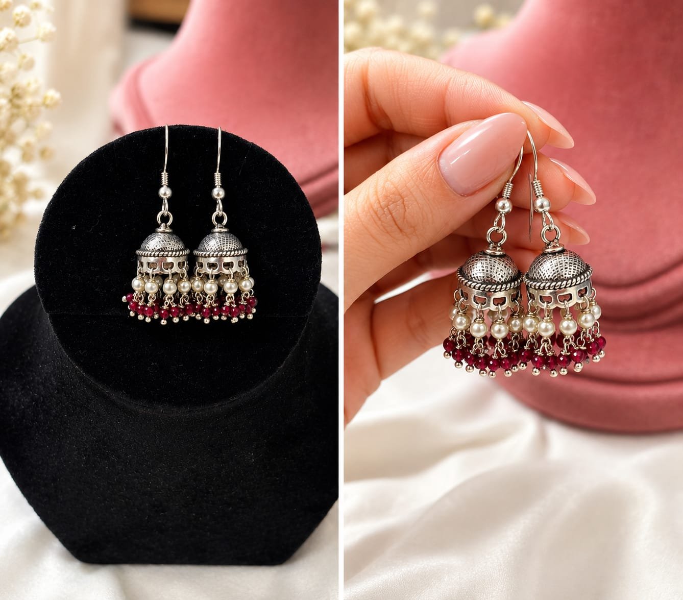 Red Pearls Jhumki Silver