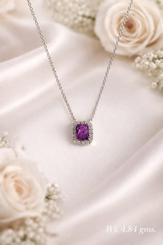 Purple Diamond shaped AD Silver Necklace