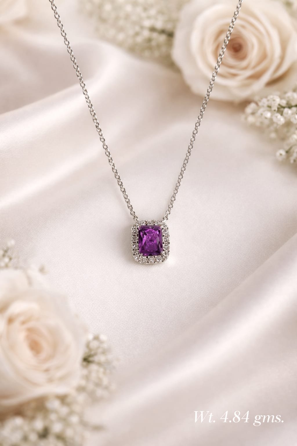 Purple Diamond shaped AD Silver Necklace