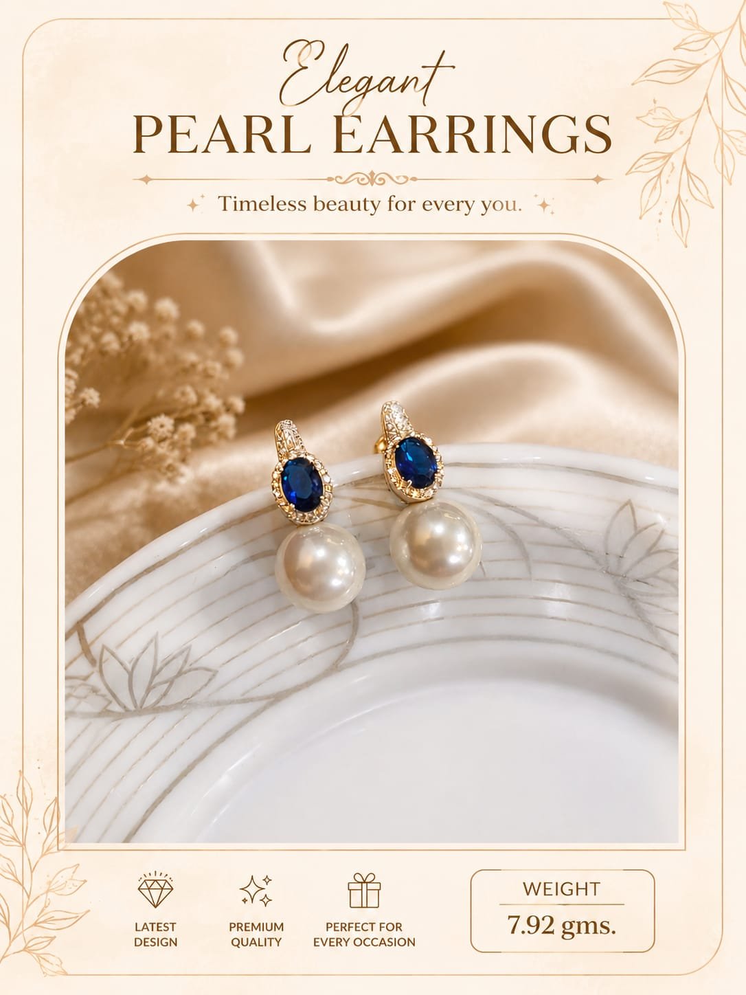Pearl Studs with Blue Sapphire Stone