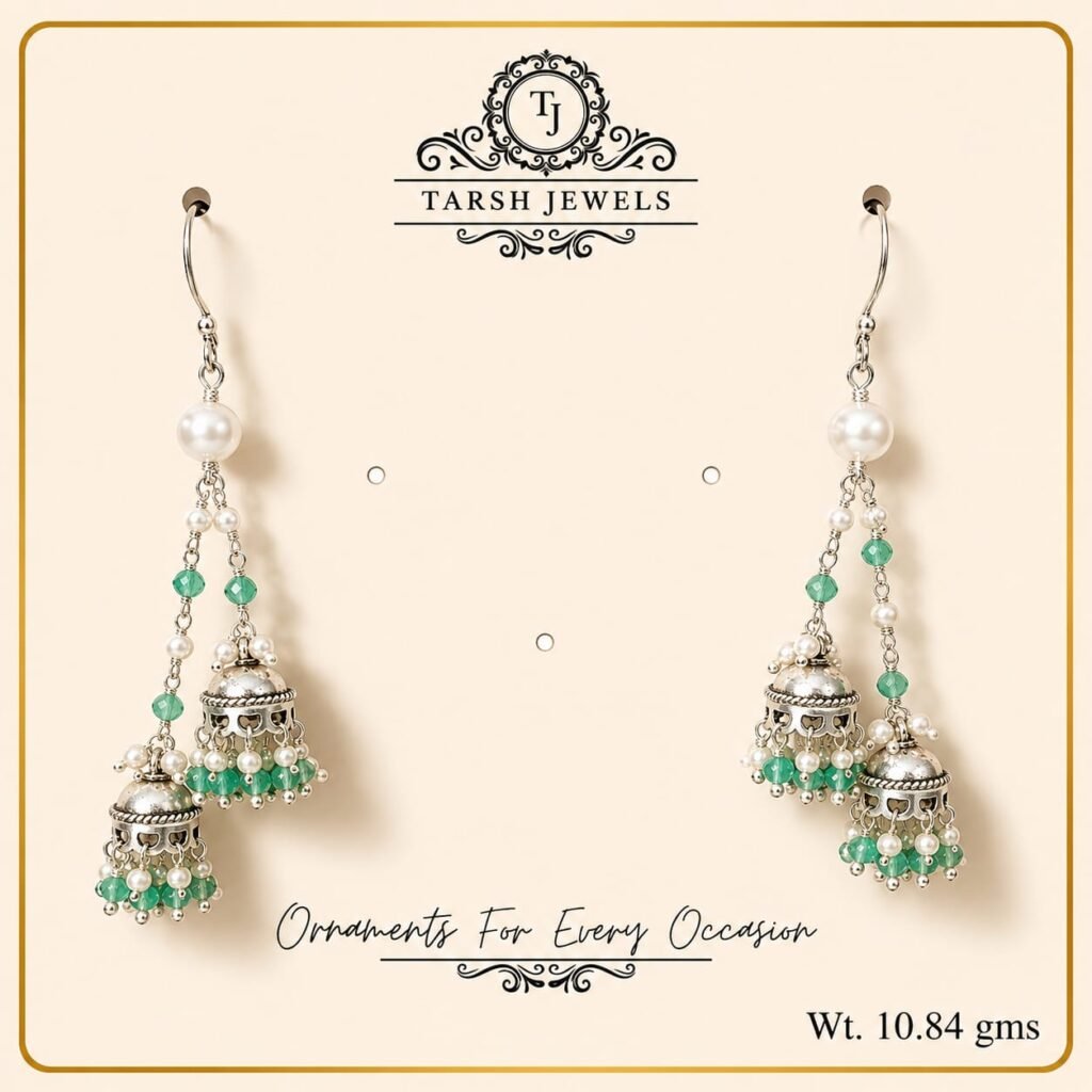 The Meher – Silver Green Jhumka Drop Earrings