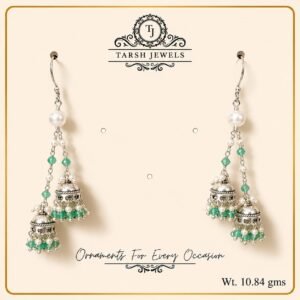 The Meher – Silver Green Jhumka Drop Earrings