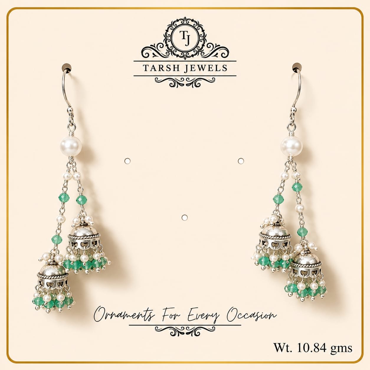The Meher – Silver Green Jhumka Drop Earrings