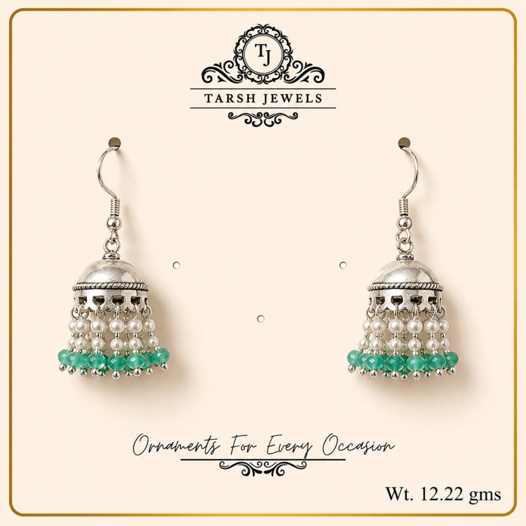 The Aafreen – Silver Pearl & Green Bead Jhumka Earrings