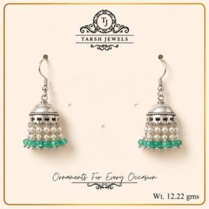 The Aafreen – Silver Pearl & Green Bead Jhumka Earrings