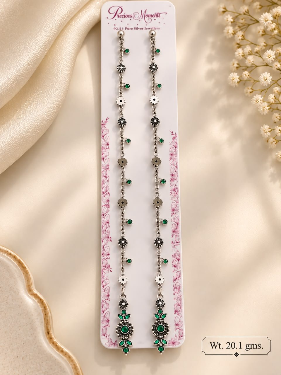 Sterling Silver Floral Anklets with Green Stones