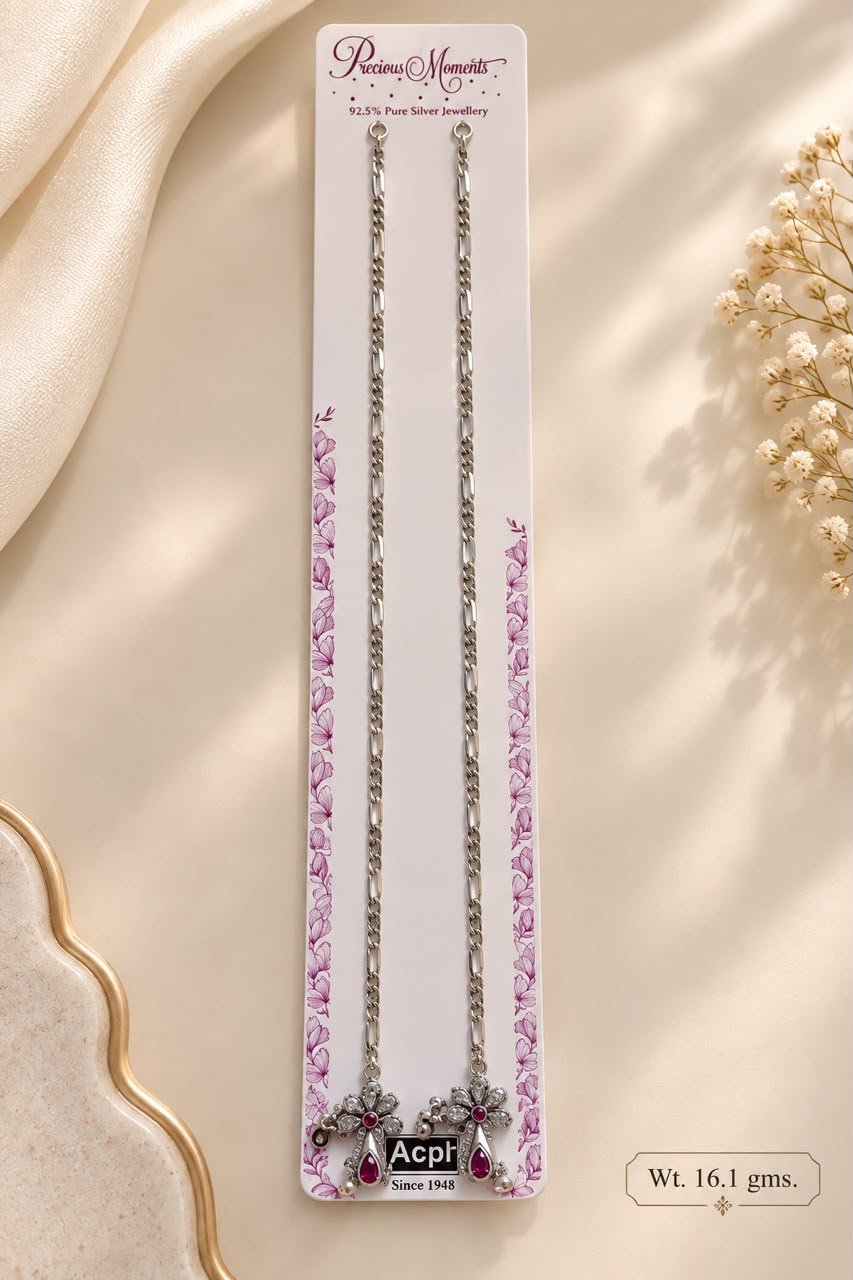 925 Sterling Silver Figaro Chain Anklet with Ruby-Red Floral Charm