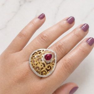 925 Sterling Silver Filigree Statement Ring with Red Stone