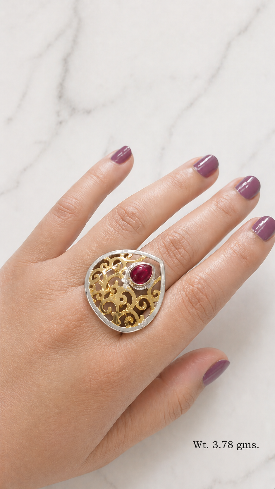 925 Sterling Silver Filigree Statement Ring with Red Stone