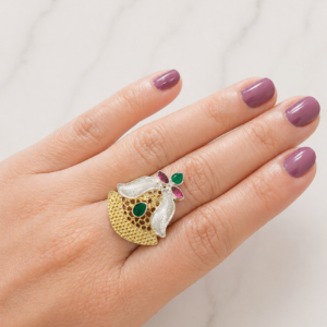 925 Sterling Silver Peacock Design Ring with Green and Pink Stone Accents