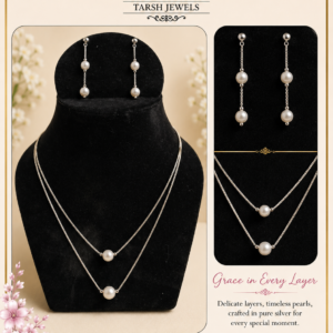 925 Sterling Silver Layered Pearl Necklace and Drop Earrings Set
