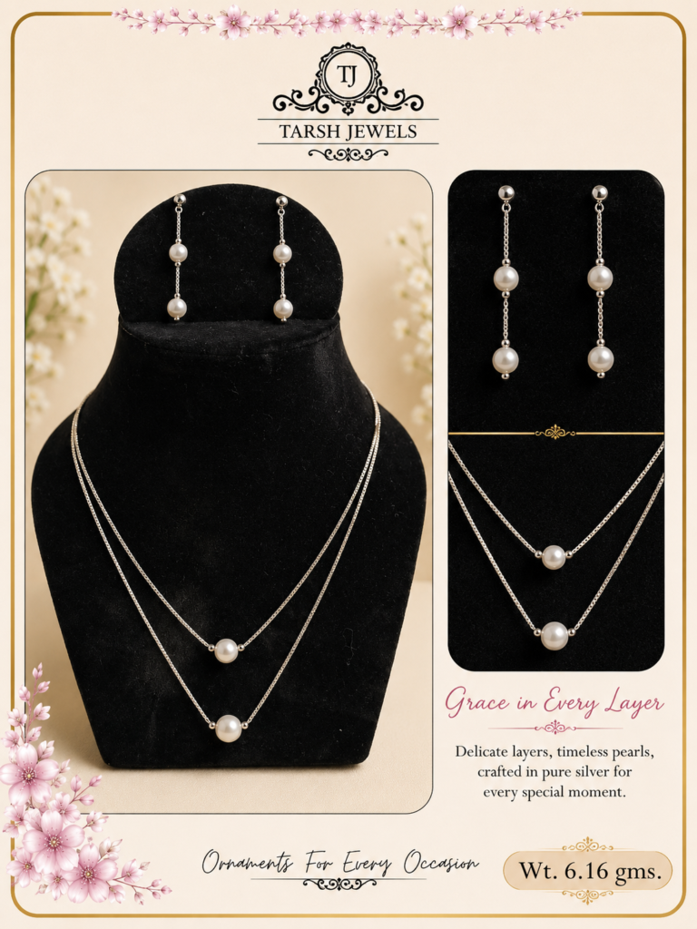 925 Sterling Silver Layered Pearl Necklace and Drop Earrings Set