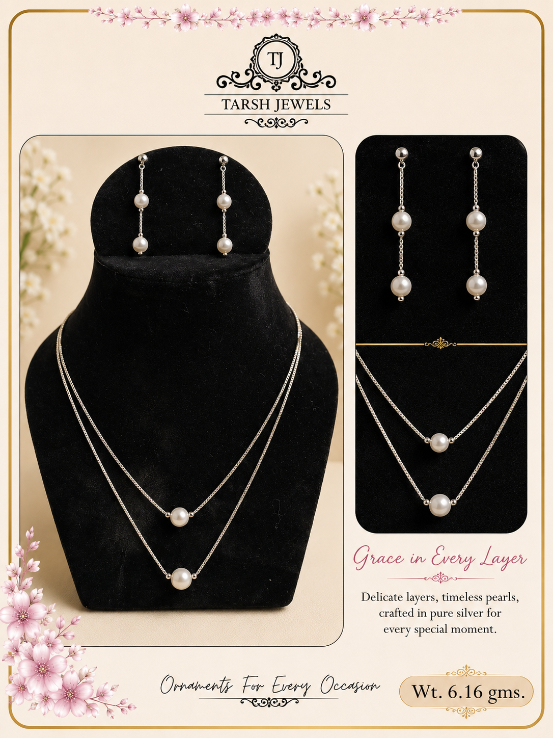 925 Sterling Silver Layered Pearl Necklace and Drop Earrings Set